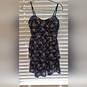 AUW Navy Floral Tiered Dress with Pink and Yellow Blooms